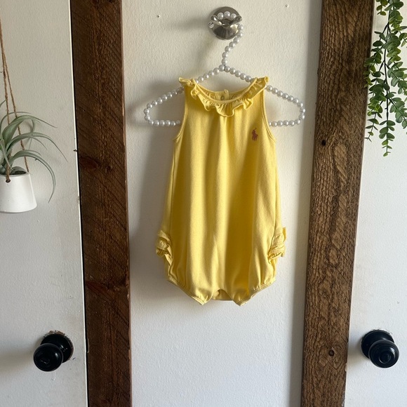 Y2K Ralph Lauren Baby Girl Yellow Ruffled Bubble Ruffle Romper Pink Logo - Picture 14 of 15